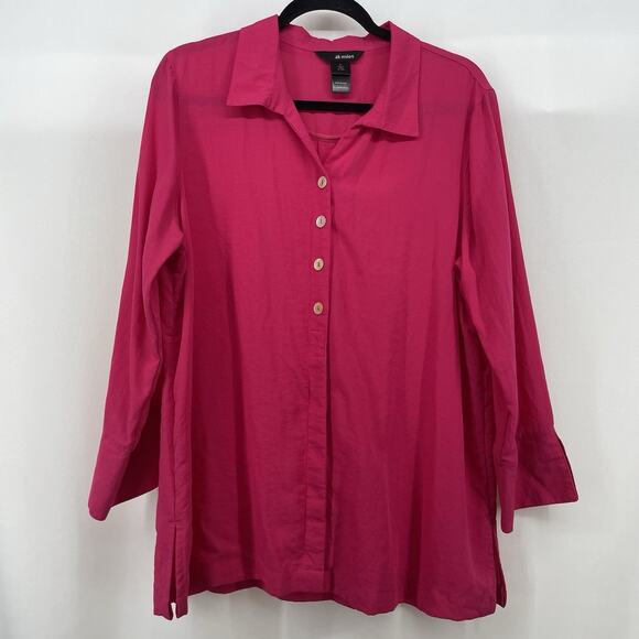Ali Miles Size L Button Down Shirt Flowy Tunic Hot Pink Long Sleeve Relaxed Top - Picture 1 of 9